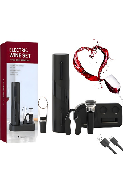 Butoarka 5 in 1 Electric Wine Corkscrew Set, Rechargeable Base, Foil Cutter, Wine Aerator, Vacuum Pump Stopper