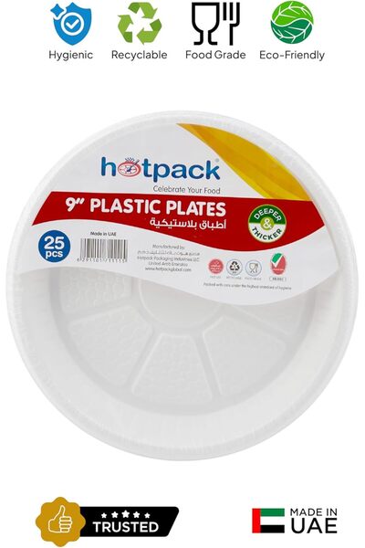 Hotpack Hotpack Premium Quality Disposable Plastic Plates, 9 Inch, 25 Pieces, White