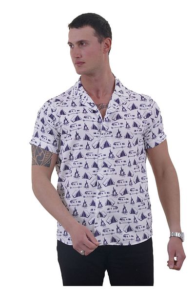 Exve Exclusive Navy Blue Camping Caravan Themed Viscose Hawaiian Apaş Collar Relaxed Fit Short Sleeve Loose Shirt