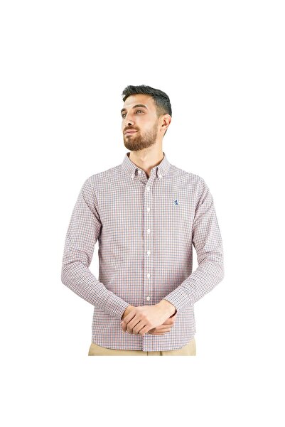 Giordano قميص أكسفورد قطني للرجال - تطريز أسد صغير، قصة ضيقة، أزرار كاملة