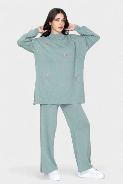NEWCO Chic Ribbon Stone Embroidered Women's Double Knitwear Suit Loose Fit Long Sleeves and Comfortable Pants