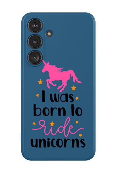 Theodor غطاء حماية سيليكون سائل لهاتف سامسونج جالاكسي S24 (أزرق) - لقد ولدت لأركب وحيد القرن