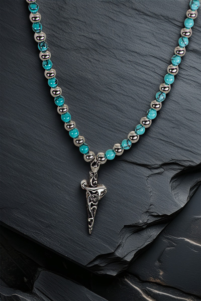 OSMANLI GÜMÜŞ Kılıçhan Model Turquoise Beaded Sword Figured Men's Necklace – Symbol of Power and Style