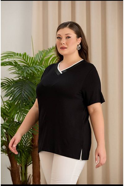 PARKDERİN Plus Size, Soft Textured Collar Black Stone Glittery V-Neck Bluz