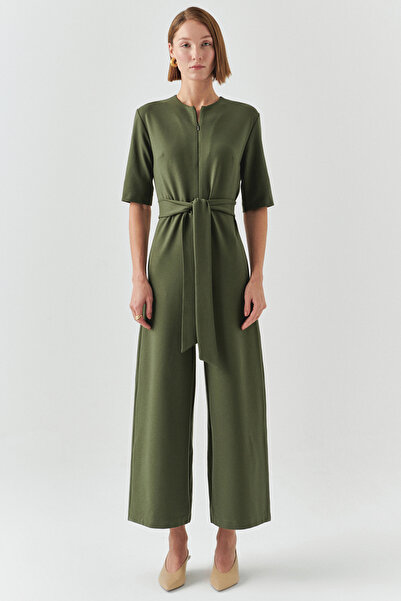 Exquise Belted Short Sleeve Zipper Closure Knitted Slim Fit Jumpsuit
