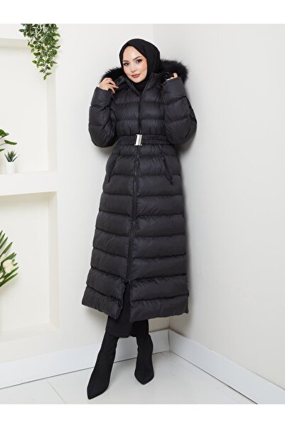 Hb Harma Time Butik Női derékpántos kapucnis, hosszú, puffos fekete kabát