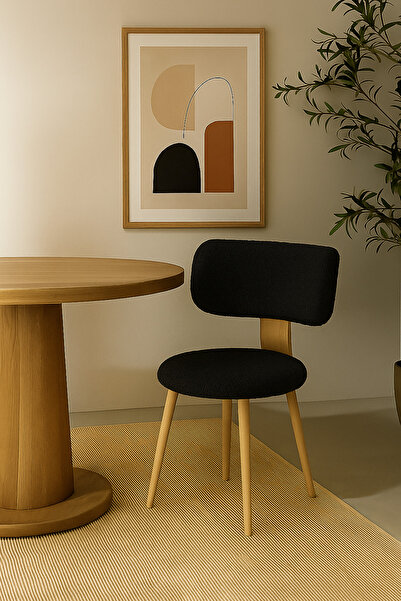 own home Modern Geniş Oturumlu Teddy Kumaşlı Sandalye, Ahşap Ayaklı Şık Salon Mutfak Balkon Sandalyesi