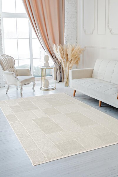 Cotto Home Quatro QU013A Beyaz Halı Modern Desen Pamuk Taban Salon Halısı Yat...