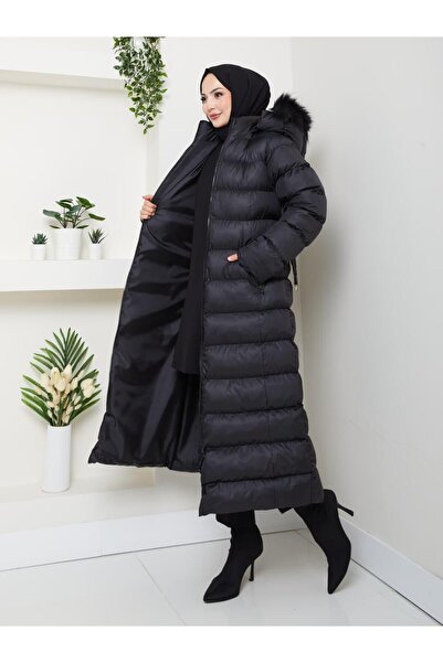 Hb Harma Time Butik Női derékpántos kapucnis, hosszú, puffos fekete kabát