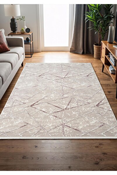 Cotto Home Armada AD002L Gri Halı Beyaz Lila Geometrik Detaylı Akrilik Tozu A...