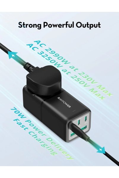 RavPower 75W Power Strip 5 Ports with AC Power UK Socket + Travel Charger Combo- Black