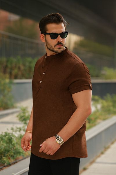 Miron Men's Brown Judge Collar Buttoned Linen Shirt - Short Sleeve - 2536