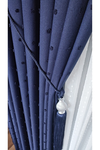 Yuka Linen Textured Pompom Navy Blue Panel Background Curtain Luxury Heavy Weight Single Wing 1/3 Squeeze Pleated
