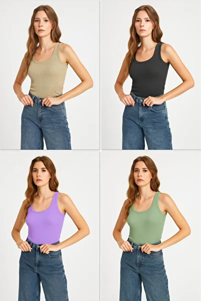 Patreon Women's U-Neck 4-Pack Cotton Green, Lilac, Gray, Beige Ribbed Undershirt