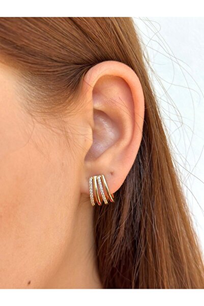 BY YASİN TOPÇU Steel Three Row Zircon Illusion Hoop Earrings – Gold