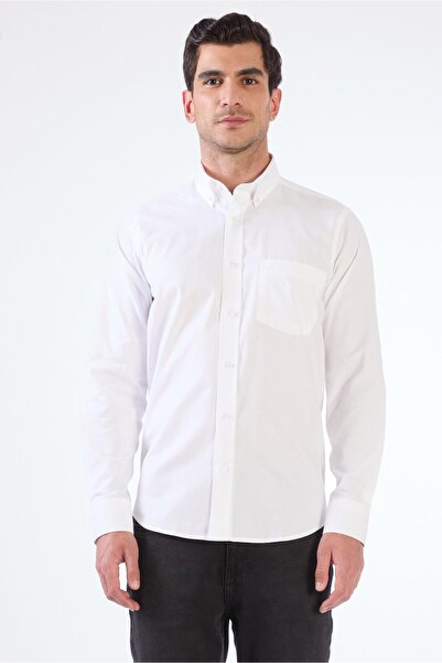 Dufy Men's Regular Fit Button-Down Collar Long Sleeve White Shirt
