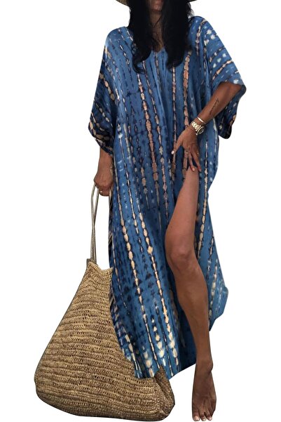 erorex Women Embroidery Short Sleeve Bikini Swimsuit Cover Up Side Split Beach Kaftan Dress