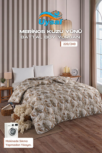 UYSAL %100 PAMUK KUZU BASKILI BATTAL BOY MERİNOS KUZU YÜNÜ YORGAN 220x240 V2