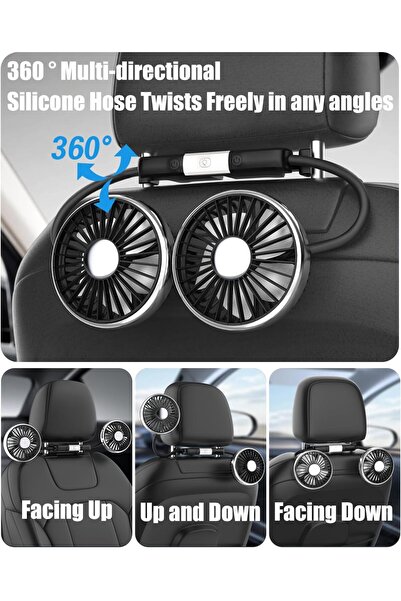 erorex Car Fan Backseat Dual Head Hose Car Seat Fan Led Light, Portable Usb Fan Car, 3 Speeds 360 Degree