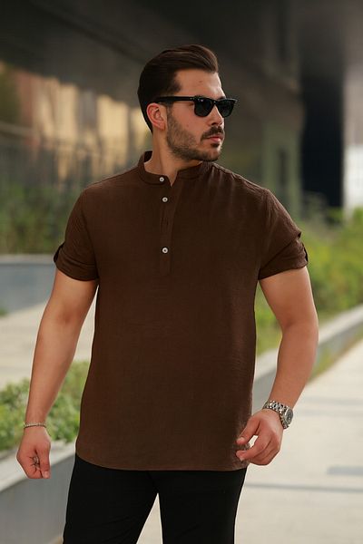 Miron Men's Brown Judge Collar Buttoned Linen Shirt - Short Sleeve - 2536