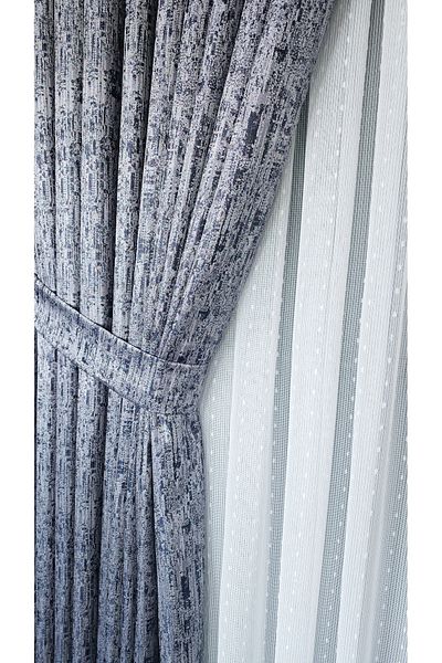 Yuka Panel Background Curtain Navy Blue Gray Marble Pattern Gray Single Wing 1/3 Frequently Pleated Luxury Series Heavy Weight