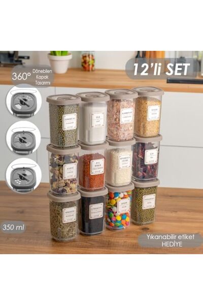AC BOX 1061 Spice Jar Set with Rotating Lid and Labels - 12 Cappuccino Lids 350 Cc Ac Box 861931