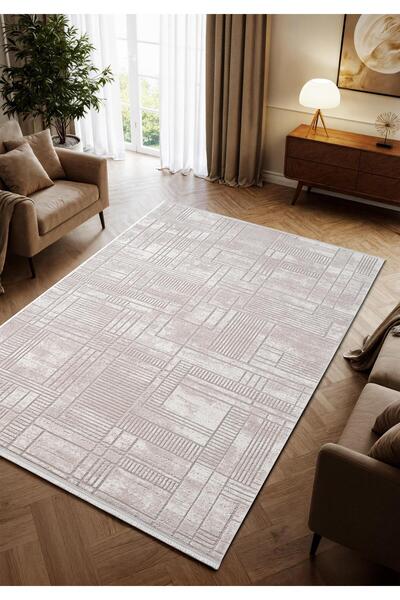Cotto Home Porto PP003B Bej Geometrik Desenli Akrilik Halı Yumuşak Dokulu Pam...