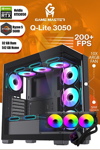 GM Game Master QLite 3050 R5 5600 CPU 32GB DDR4 RAM 512GB M.2 RTX3050 10x ARGB Fan Sıvı Soğutuculu Siyah Gaming Pc