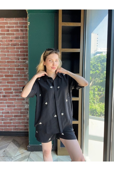 BRN Butik Siyah Taş İşlemeli Şortlu Takım