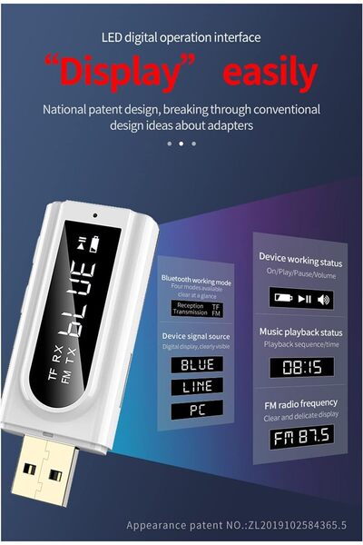 erorex جهاز إرسال واستقبال بلوتوث USB بشاشة LCD، 3 1 جهاز إرسال واستقبال بلوتوث 5.0 يدعم Tf