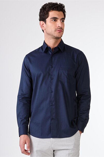 Dufy Lacivert Erkek Slim Fit Klasik Yaka Uzun Kol Gömlek