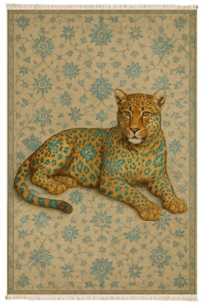 Markaev Leopar Figürlü Dekoratif Halı Bej Desenli Halı Dokuma Taban Halı 331 YNG
