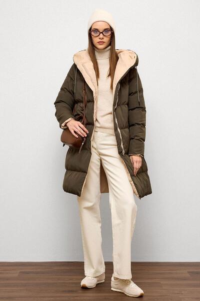 Olcay Hooded Two-Color Double-Sided down Jacket Khaki-Stone 5371
