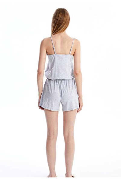 LC Waikiki LCW DREAM Gri U Yaka Baskılı Askılı Kadın Şortlu Tulum Pijama