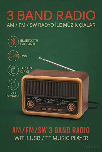 Voltico NS-3315BT 3 Band Retro Radyo – Bluetooth, USB ve TF Kart Destekli