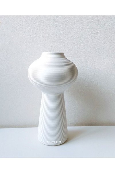 Generic Warm White Tall Embossed Line Ceramic Vase | with 10pcs White Vase Fi...