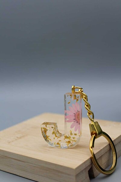 Roza ميدالية مفاتيح مزينة بالورد المجفف وورق الذهب حرف J من الريزن الفاخر