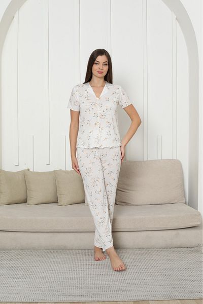 Sude HOMEWEAR Women's Knitted Fabric Blue Flower Pattern Short Sleeve Pajama Set