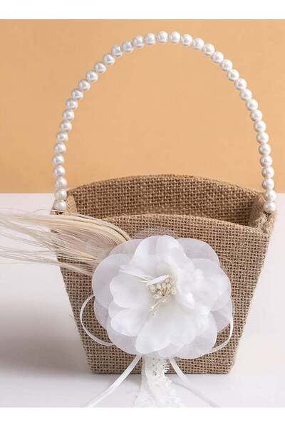 Generic Rustic Flower Girl Basket with Pearl Handle - Vintage Burlap Jute for Weddings and Ceremonies