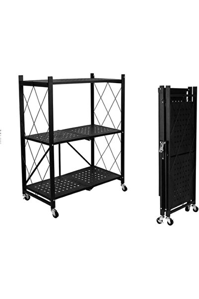 EMATTEIRO Raft Metalic Pliabil cu 3 Etajere și Roți 360°, Capacitate 150kg, N...