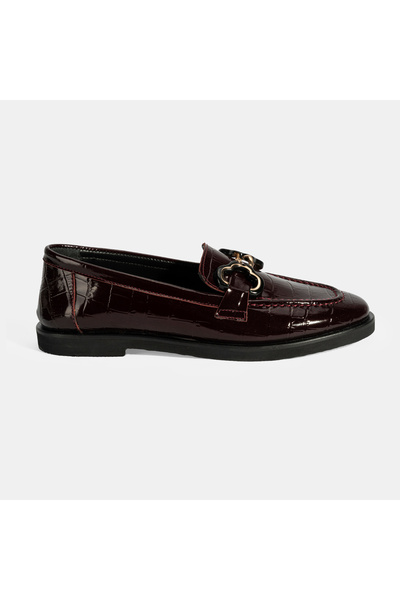 Desa Women's Burgundy Crocodile Printed Leather Loafer with Buckle Detail