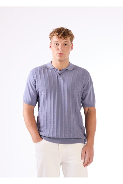Dufy İndigo Polo Düğmeli Kısa Kollu Düz Renk Fitilli Slim Fit Erkek Triko