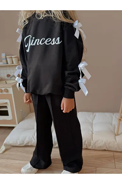 YİGİT BUTİK Bow Detailed Printed Girl's Top and Bottom Set