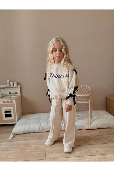 YİGİT BUTİK Bow Detailed Printed Girl's Top and Bottom Set