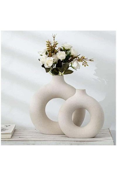Generic SIHIYA LIFE Set of 2 Off White Round Ceramic Vases, Modern Pampas Flower Vase, Minimalist Nordic Bo