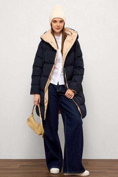 Olcay Hooded Two-Color Double-Sided down Jacket Laci̇-Taş 5371