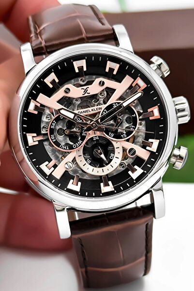 Daniel Klein Automatic Mechanism Leather Cord Steel Case Men Wrist Watch Coffee-Silver Zmdk1194