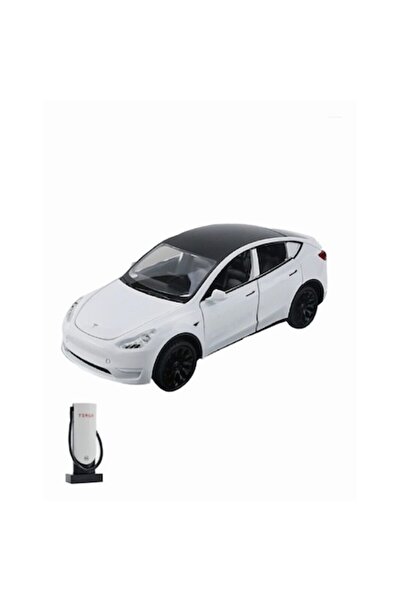 MASHASHOP Mașină mecanică din metal Tesla Model Y cu stație de încărcare, alb...