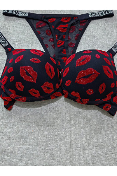 Butik Simli Kırmızı Öpücüklü Siyah Sütyen Takımı