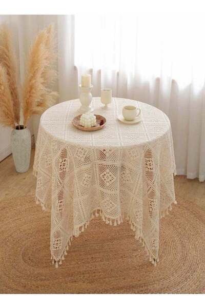 Generic MIXDE Square Round Tablecloth, 140 * 140 cm Premium Tassel Table Cloth, Hollow Lace Decorative Tabl